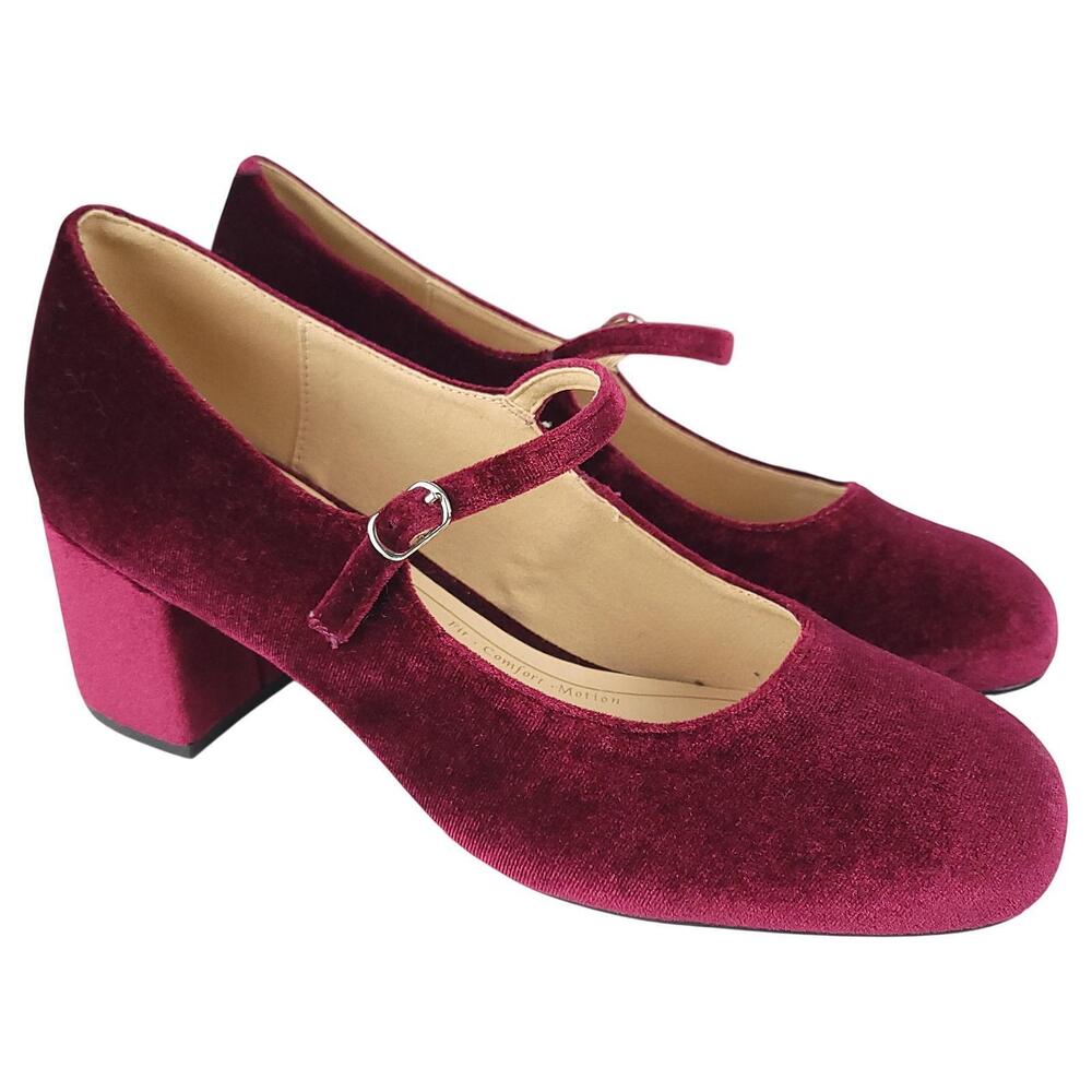 Journee Okenna Mary Jane Pumps 8.5W Wine Red Velvet Block Heel Square Toe